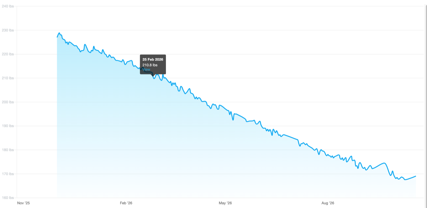 Line chart of Renee's weigh-ins from December 2025 to October 2026, dropping from about 229 to about 169 pounds in a steady line
